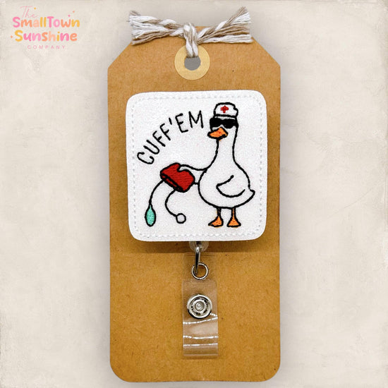Cuff Em Badge Reel, Silly Medical Goose Badge Reel, Nurse Badge Clip, Hospital Lanyard, Coworker Gift, Retractable ID Holder | GLITTER