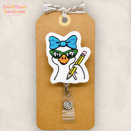 Teacher Goose Badge Reel, Cute Bird Name Tag, Nurse Badge Clip, Teacher Lanyard, Coworker Gift, Badge Top, Retractable ID Holder | GLITTER