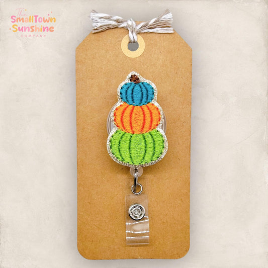 Pumpkin Stack Badge Reel, Fall Badge Reel, Nurse Badge Clip, Teacher Lanyard, Coworker Gift, Badge Buddy, Retractable ID Holder | GLITTER