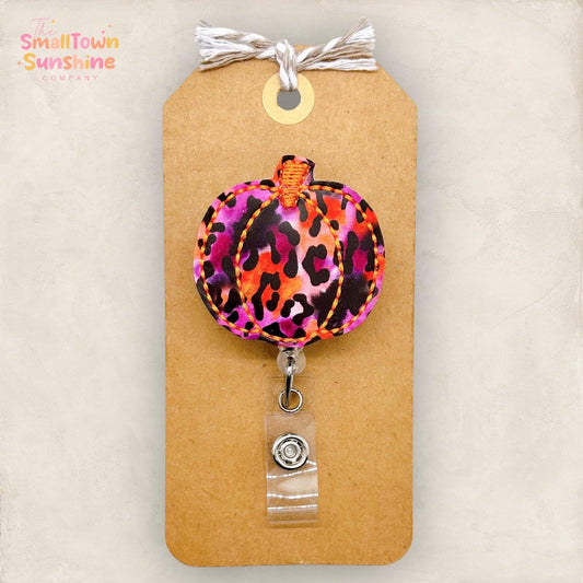 Leopard Pumpkin Badge Reel, Halloween Badge Clip, Nurse Name Tag, Teacher Lanyard, Coworker Gift, Interchangeable, Retractable ID Holder