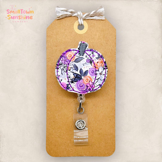 Purple Floral Pumpkin Badge Reel, Halloween Clip, Nurse Name Tag, Teacher Lanyard, Coworker Gift, Interchangeable, Retractable ID Holder