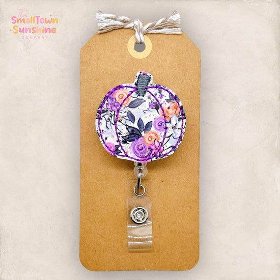 Purple Floral Pumpkin Badge Reel, Halloween Clip, Nurse Name Tag, Teacher Lanyard, Coworker Gift, Interchangeable, Retractable ID Holder