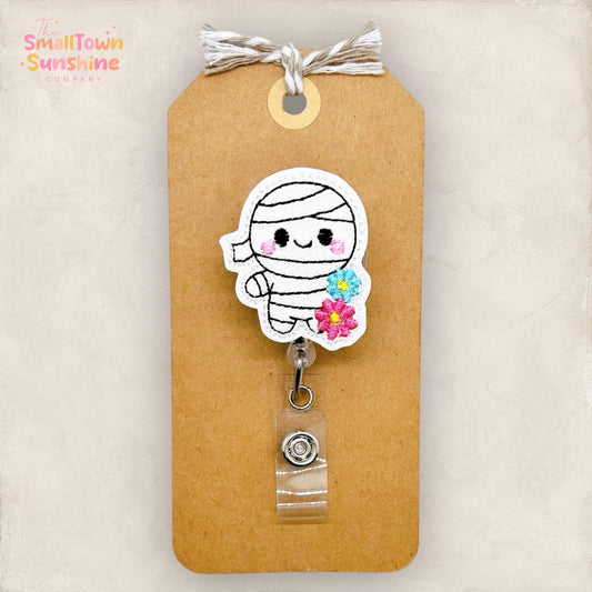 Floral Mummy Badge Reel, Halloween Name Tag, Nurse Badge Clip, Teacher Lanyard, Coworker Gift, Badge Buddy, Retractable ID Holder | GLITTER