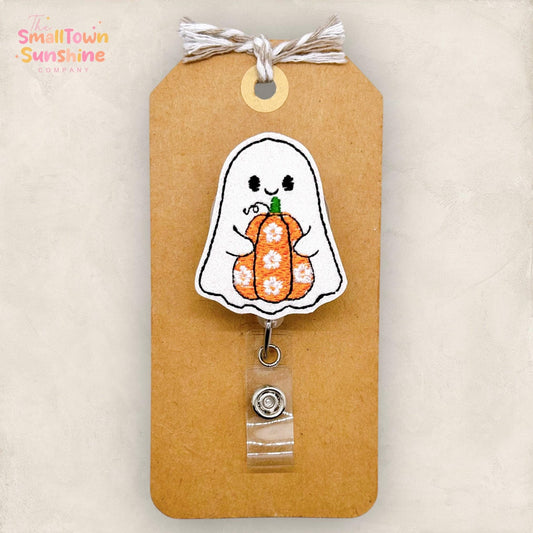 Ghost with Pumpkin Badge Reel, Halloween Name Tag, RN, Nurse Badge Clip, Teacher Lanyard, Coworker Gift, Retractable ID Holder | GLITTER