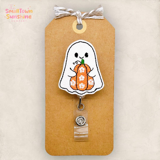 Ghost with Pumpkin Badge Reel, Halloween Name Tag, RN, Nurse Badge Clip, Teacher Lanyard, Coworker Gift, Retractable ID Holder | GLITTER