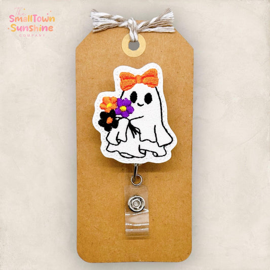 Ghost with Flowers Badge Reel, Halloween Name Tag, RN, Nurse Badge Clip, Teacher Lanyard, Coworker Gift, Retractable ID Holder | GLITTER