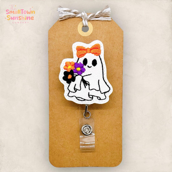 Ghost with Flowers Badge Reel, Halloween Name Tag, RN, Nurse Badge Clip, Teacher Lanyard, Coworker Gift, Retractable ID Holder | GLITTER
