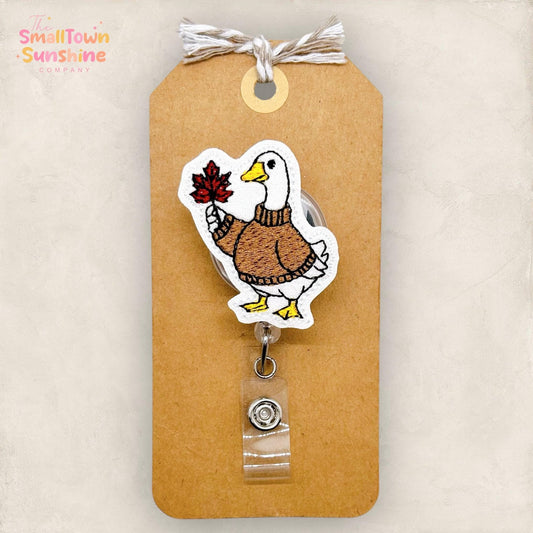 Fall Goose with Leaf Badge Reel, Nurse Badge Clip, Teacher Lanyard, Coworker Gift, Name Tag, Badge Topper, Retractable ID Holder | GLITTER
