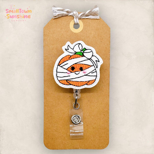 Mummy Pumpkin Badge Reel, Halloween, Nurse Badge Clip, Teacher Lanyard, Coworker Gift, Interchangeable, Retractable ID Holder | GLITTER