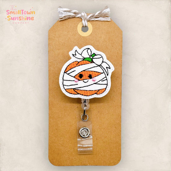 Mummy Pumpkin Badge Reel, Halloween, Nurse Badge Clip, Teacher Lanyard, Coworker Gift, Interchangeable, Retractable ID Holder | GLITTER