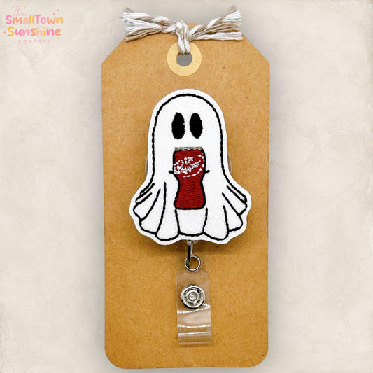 Ghost with Dr Soda Badge Reel, Halloween Name Tag, Nurse Badge Clip, Teacher Lanyard, Coworker Gift, Retractable ID Holder | GLITTER