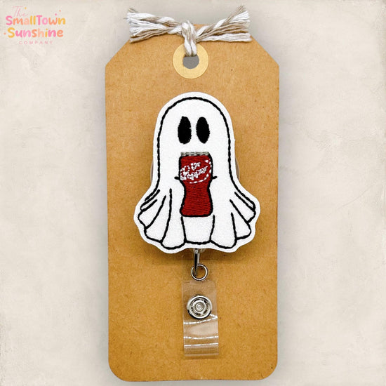 Ghost with Dr Soda Badge Reel, Halloween Name Tag, Nurse Badge Clip, Teacher Lanyard, Coworker Gift, Retractable ID Holder | GLITTER