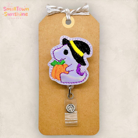 Dinosaur with Pumpkin Badge Reel, Halloween Badge Reel, Nurse Badge Clip, Teacher Lanyard, Coworker Gift, Name Tag, Retractable ID Holder