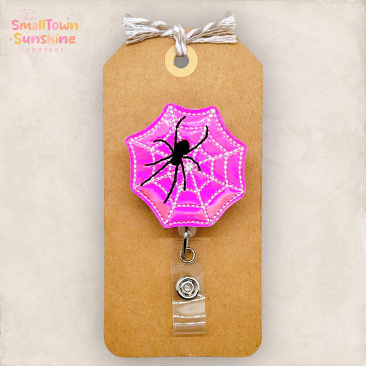 Pink Holographic Spiderweb Badge Reel, Halloween Spider, Nurse Badge Clip, Teacher Lanyard, Coworker Gift, Name Tag, Retractable ID Holder