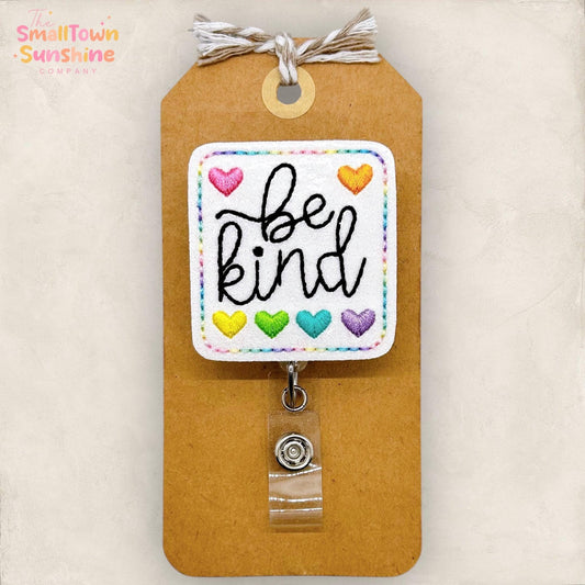 Pastel Be Kind Badge Reel, Nurse Badge Clip, Teacher Lanyard, Coworker Gift, Name Tag, Badge Topper, Retractable ID Holder | GLITTER