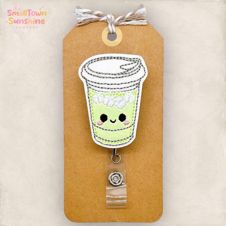 Iced Matcha Latte Badge Reel, Nurse Badge Clip, Teacher Lanyard, Coworker Gift, Name Tag, Badge Topper, Retractable ID Holder | GLITTER