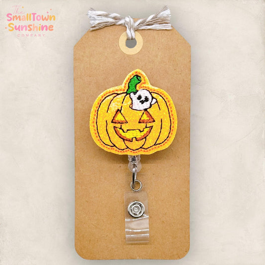 Ghost in Pumpkin Badge Reel, Halloween Name Tag, RN, Nurse Badge Clip, Teacher Lanyard, Coworker Gift, Retractable ID Holder | GLITTER