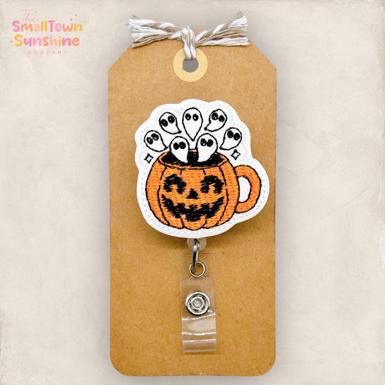 Ghost Pumpkin Mug Badge Reel, Halloween Name Tag, RN, Nurse Badge Clip, Teacher Lanyard, Coworker Gift, Retractable ID Holder | GLITTER