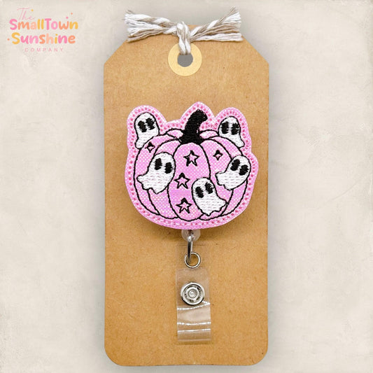 Flying Ghost Pumpkin Badge Reel, Pink Halloween Name Tag, RN, Nurse Badge Clip, Teacher Lanyard, Coworker Gift, Retractable ID Holder