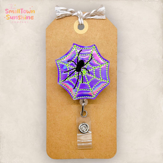 Purple Holographic Spiderweb Badge Reel, Halloween Spider, Nurse Badge Clip, Teacher Lanyard, Coworker Gift, Name Tag, Retractable ID Holder