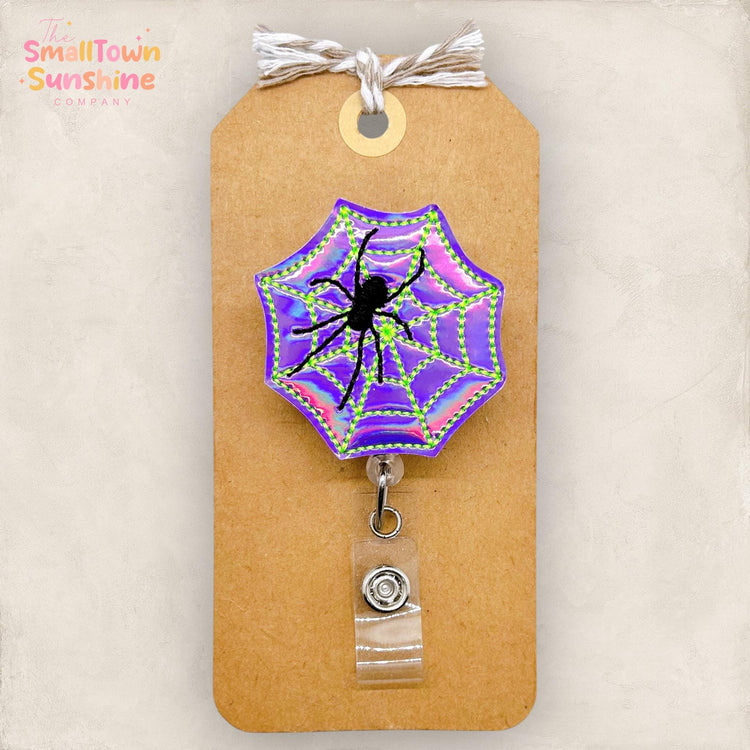 Purple Holographic Spiderweb Badge Reel, Halloween Spider, Nurse Badge Clip, Teacher Lanyard, Coworker Gift, Name Tag, Retractable ID Holder