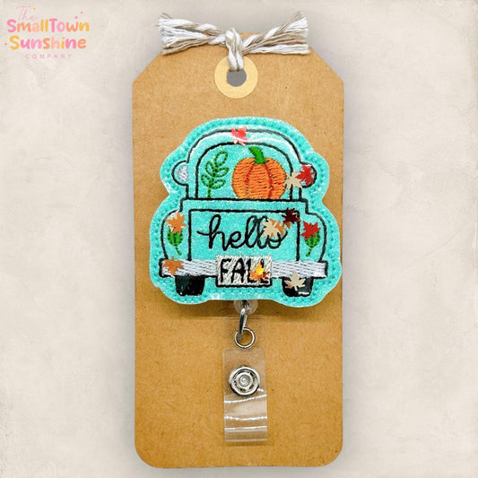 Hello Fall Truck Shaker Badge Reel, Pumpkin Truck Badge, Nurse Badge Clip, Teacher Lanyard, Coworker Gift, Retractable ID Holder | GLITTER