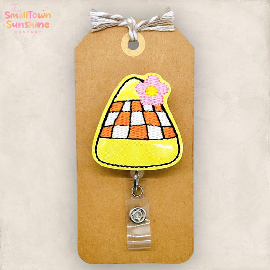 Retro Candy Corn Badge Reel, Halloween Name Tag, Nurse Badge Clip, Teacher Lanyard, Coworker Gift, Badge Topper, Retractable ID Holder