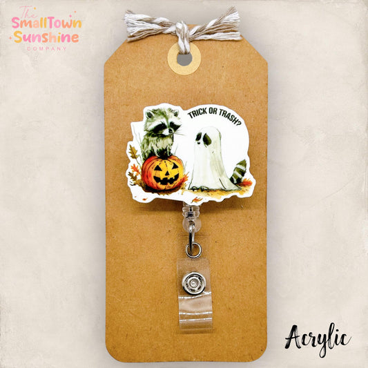 Trick or Trash Badge Reel, Halloween Raccoon Badge Reel, Nurse Badge Clip, Teacher Lanyard, Coworker Gift, Retractable ID Holder | ACRYLIC