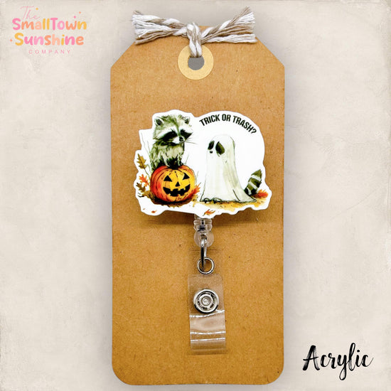 Trick or Trash Badge Reel, Halloween Raccoon Badge Reel, Nurse Badge Clip, Teacher Lanyard, Coworker Gift, Retractable ID Holder | ACRYLIC