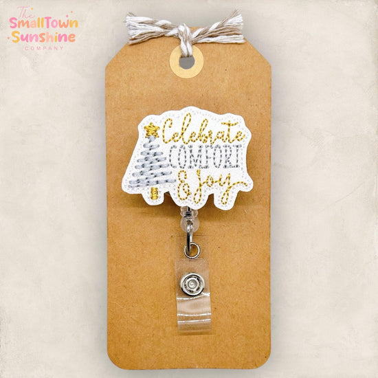 Celebrate Comfort & Joy Badge Reel, Christmas Badge Reel, Nurse Badge Clip, Teacher Lanyard, Badge Topper, Retractable ID Holder | GLITTER