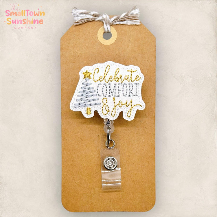 Celebrate Comfort & Joy Badge Reel, Christmas Badge Reel, Nurse Badge Clip, Teacher Lanyard, Badge Topper, Retractable ID Holder | GLITTER