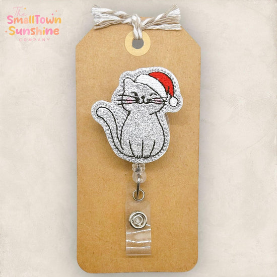 Santa Cat Badge Reel, Christmas Badge Reel, Nurse Badge Clip, Teacher Lanyard, Coworker Gift, Badge Topper, Retractable ID Holder | GLITTER