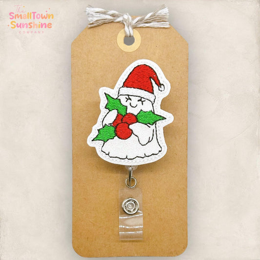 Holly Ghost Badge Reel, Christmas Badge Reel, Nurse Badge Clip, Teacher Lanyard, Coworker Gift, Name Tag, Retractable ID Holder | GLITTER