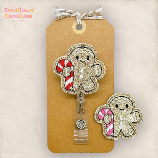 Gingerbread Candy Cane Badge Reel, Christmas Name Tag, Nurse Badge Clip, Teacher Lanyard, Coworker Gift, Retractable ID Holder | GLITTER