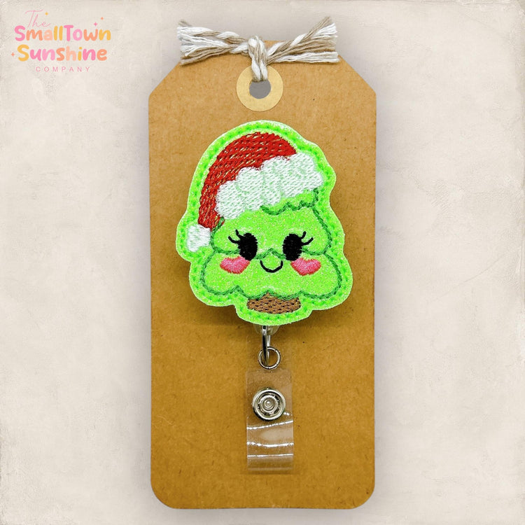 Christmas Tree Santa Badge Reel, Festive Name Tag, Nurse Badge Clip, Teacher Lanyard, Coworker Gift, Retractable ID Holder | GLITTER
