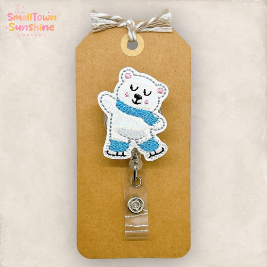 Skating Bear Badge Reel, Winter Badge Reel, Nurse Badge Clip, Teacher Lanyard, Coworker Gift, Name Tag, Badge Topper, Retractable ID Holder