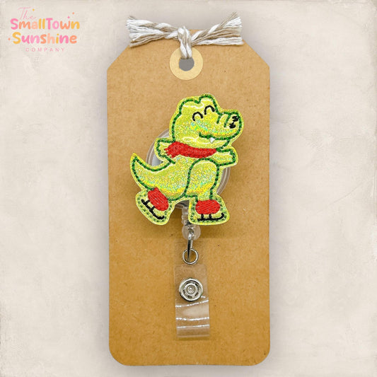 Skating Gator Badge Reel, Winter Badge Reel, Nurse Badge Clip, Teacher Lanyard, Coworker Gift, Name Tag, Badge Topper, Retractable ID Holder