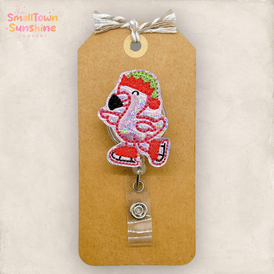 Skating Flamingo Badge Reel, Winter Badge Reel, Nurse Badge Clip, Teacher Lanyard, Coworker Gift, Name Tag, Topper, Retractable ID Holder
