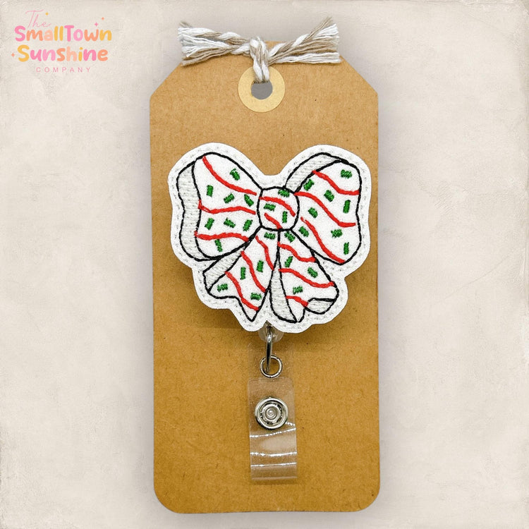 Christmas Cake Bow Badge Reel, Festive Badge, Nurse Badge Clip, Teacher Lanyard, Coworker Gift, Name Tag, Retractable ID Holder | GLITTER