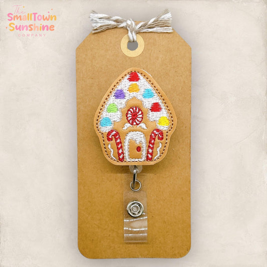 Gumdrop Gingerbread House Badge Reel, Christmas Name Tag, Nurse Badge Clip, Teacher Lanyard, Coworker Gift, Topper, Retractable ID Holder