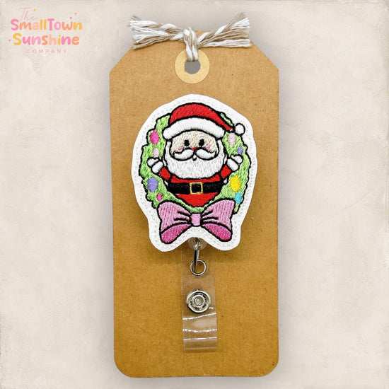 Santa Wreath Badge Reel, Christmas Badge Reel, Nurse Badge Clip, Teacher Lanyard, Coworker Gift, Topper, Retractable ID Holder | GLITTER