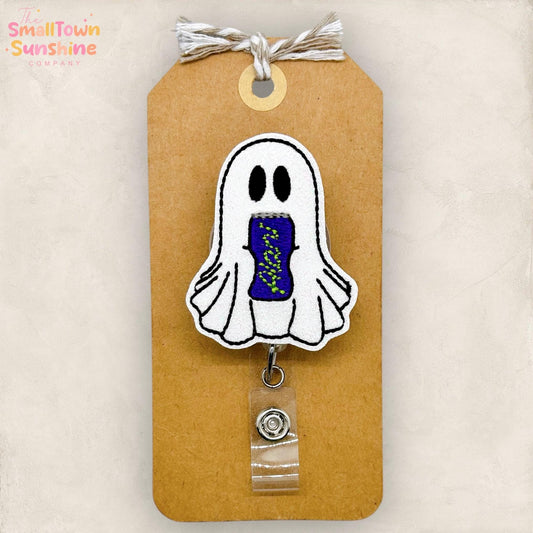 Ghost with Energy Drink Badge Reel, Halloween Name Tag, Nurse Badge Clip, Teacher Lanyard, Coworker Gift, Retractable ID Holder | GLITTER