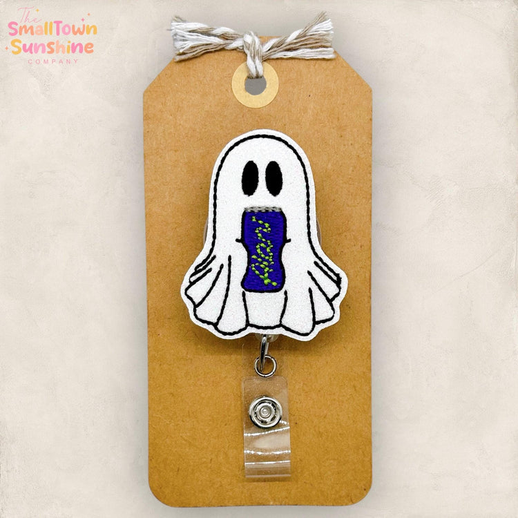 Ghost with Energy Drink Badge Reel, Halloween Name Tag, Nurse Badge Clip, Teacher Lanyard, Coworker Gift, Retractable ID Holder | GLITTER