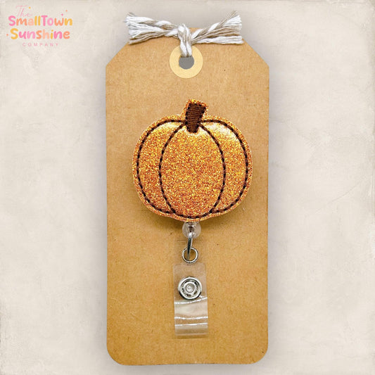 Orange Pumpkin Badge Reel, Fall Badge Reel, Nurse Badge Clip, Teacher Lanyard, Badge Topper, Coworker Gift, Retractable ID Holder | GLITTER