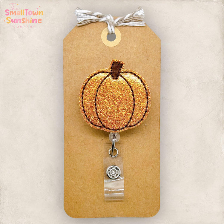 Orange Pumpkin Badge Reel, Fall Badge Reel, Nurse Badge Clip, Teacher Lanyard, Badge Topper, Coworker Gift, Retractable ID Holder | GLITTER