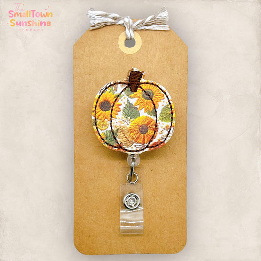 Sunflower Pumpkin Badge Reel, Fall Flower Badge Reel, Nurse Badge Clip, Teacher Lanyard, Coworker Gift, Badge Buddy, Retractable ID Holder