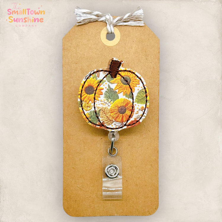 Sunflower Pumpkin Badge Reel, Fall Flower Badge Reel, Nurse Badge Clip, Teacher Lanyard, Coworker Gift, Badge Buddy, Retractable ID Holder