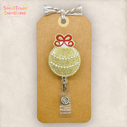 Vintage Gold Ornament Badge Reel, Christmas Badge Reel, Nurse Badge Clip, Teacher Lanyard, Coworker Gift, Retractable ID Holder | GLITTER