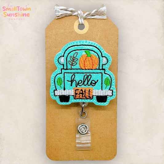 Hello Fall Truck Badge Reel, Pumpkin Truck Badge Reel, Nurse Badge Clip, Teacher Lanyard, Coworker Gift, Retractable ID Holder | GLITTER
