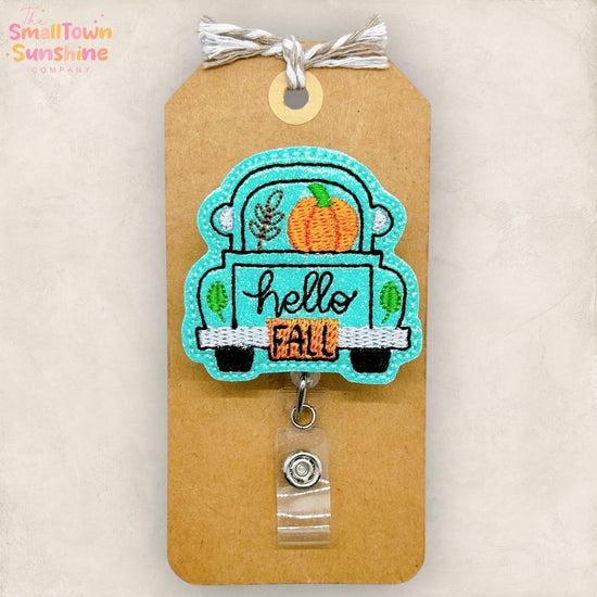 Hello Fall Truck Badge Reel, Pumpkin Truck Badge Reel, Nurse Badge Clip, Teacher Lanyard, Coworker Gift, Retractable ID Holder | GLITTER